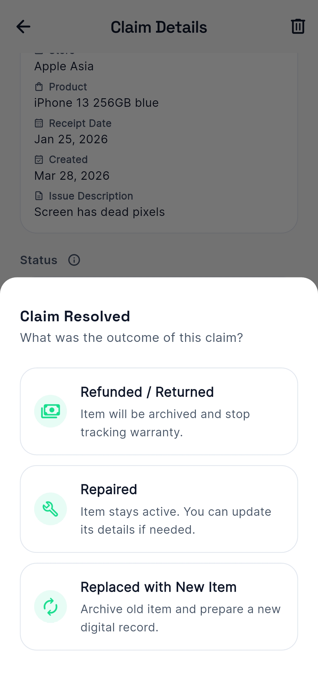Resolve claim outcome